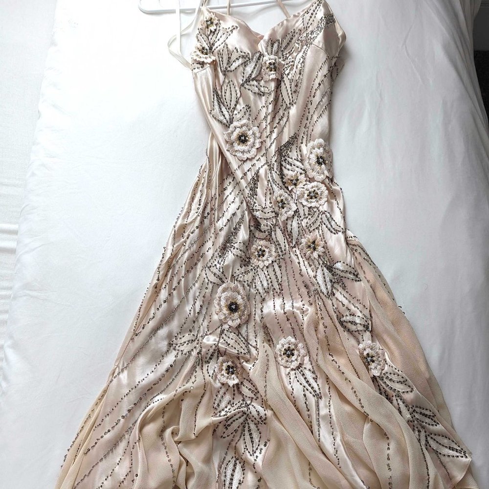 Vintage Silk Sue Wong Beaded Flapper-style Midi Dress